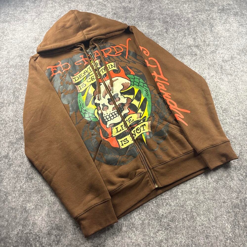 Ed Hardy Death Is Certain Zip Up Hoodie Brown Skull Graphic Y2K Mens Size Medium